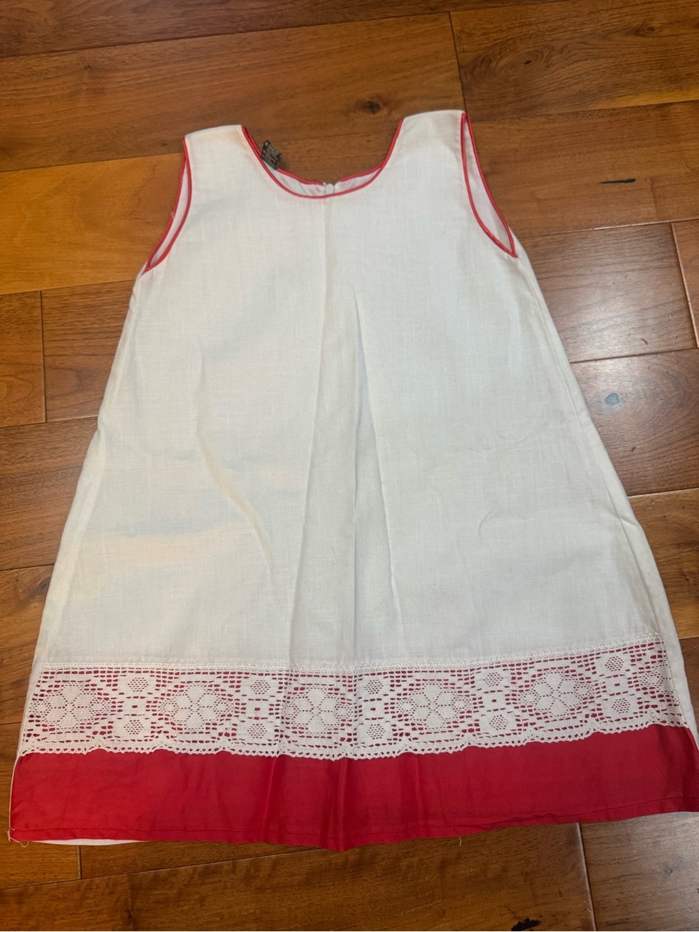 Girls Sleeveless Traditional Linen Dress from Mexico with Red and Crochet Hem